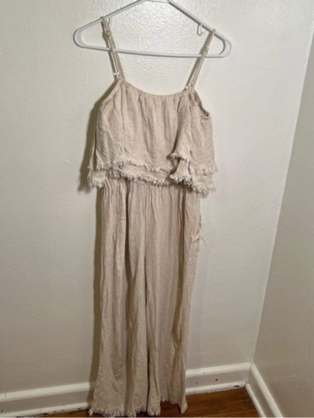 Umgee Women's Size Small Losing My Mind Tiered Jumpsuit Beige Fringe Hem Linen - Picture 10 of 14